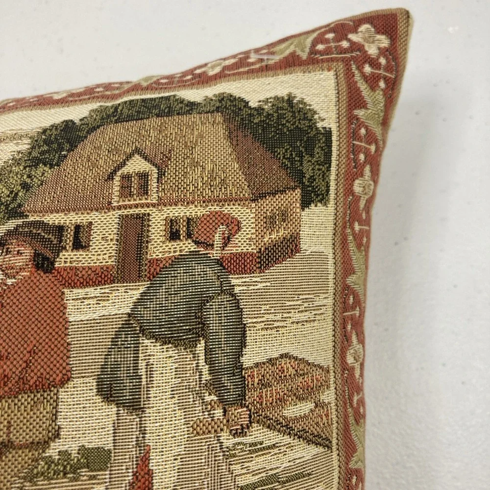 Vtg Scottish Tapestry Throw Pillow Crewel Cottage‎ Scene 13 X13